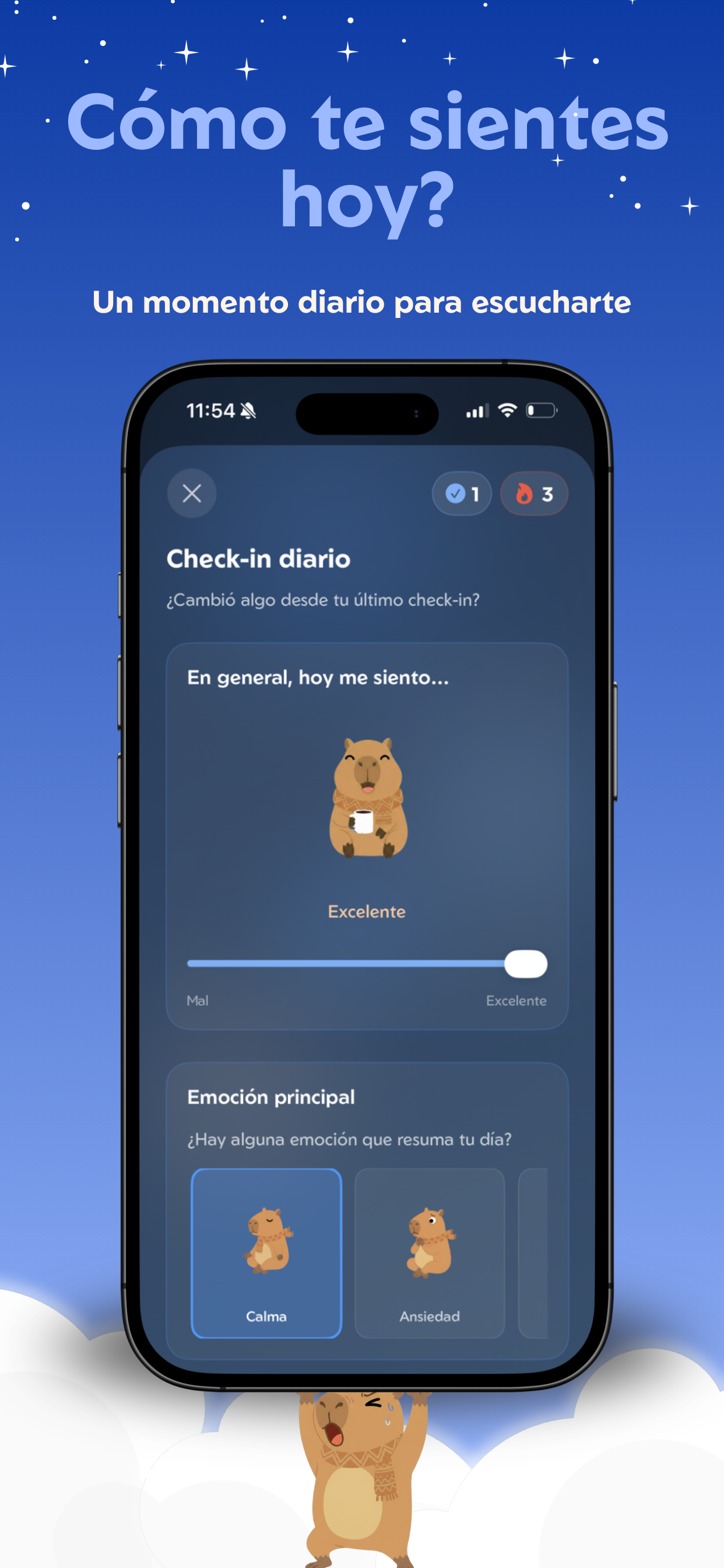 Check-in emocional diario con selector de estado de ánimo y emociones