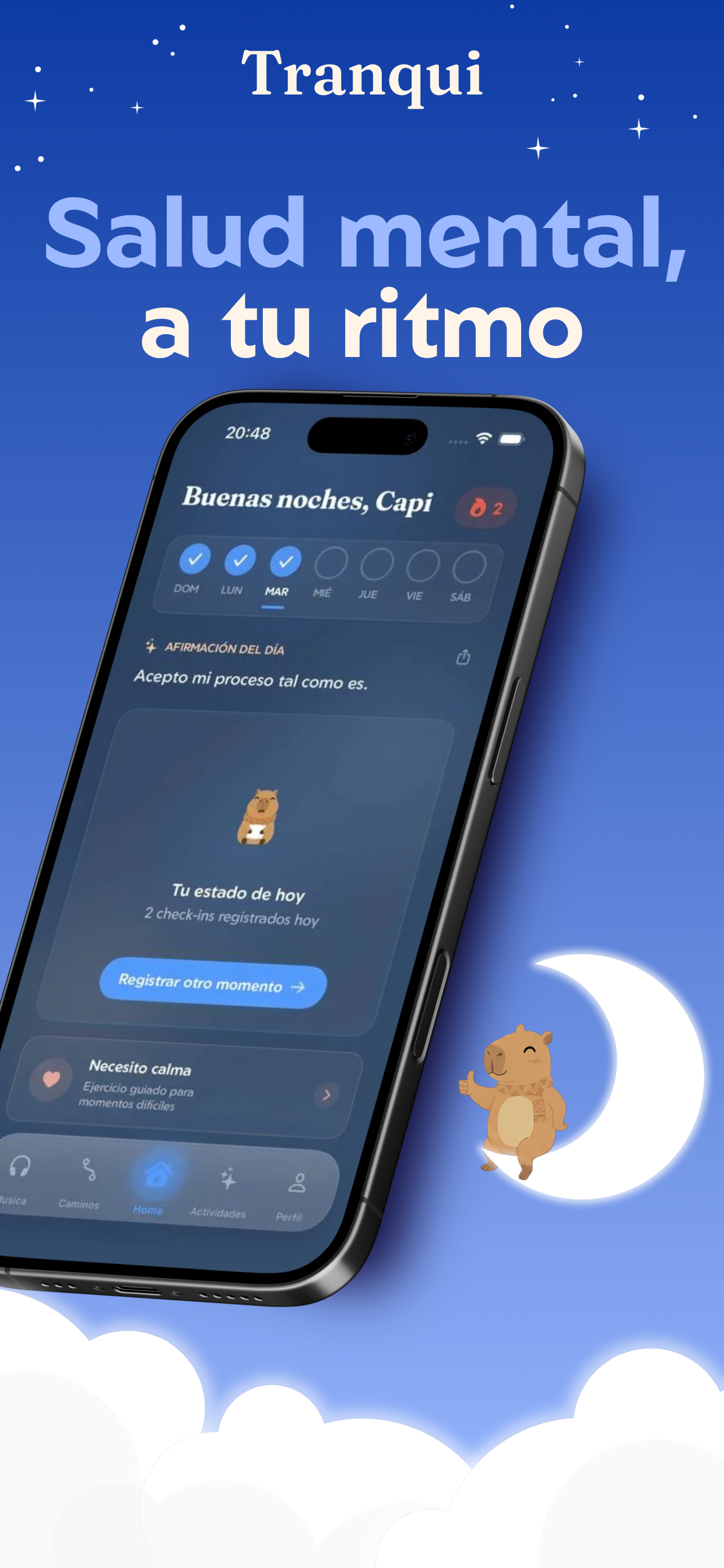 Pantalla principal de Tranqui mostrando el dashboard con tu progreso diario