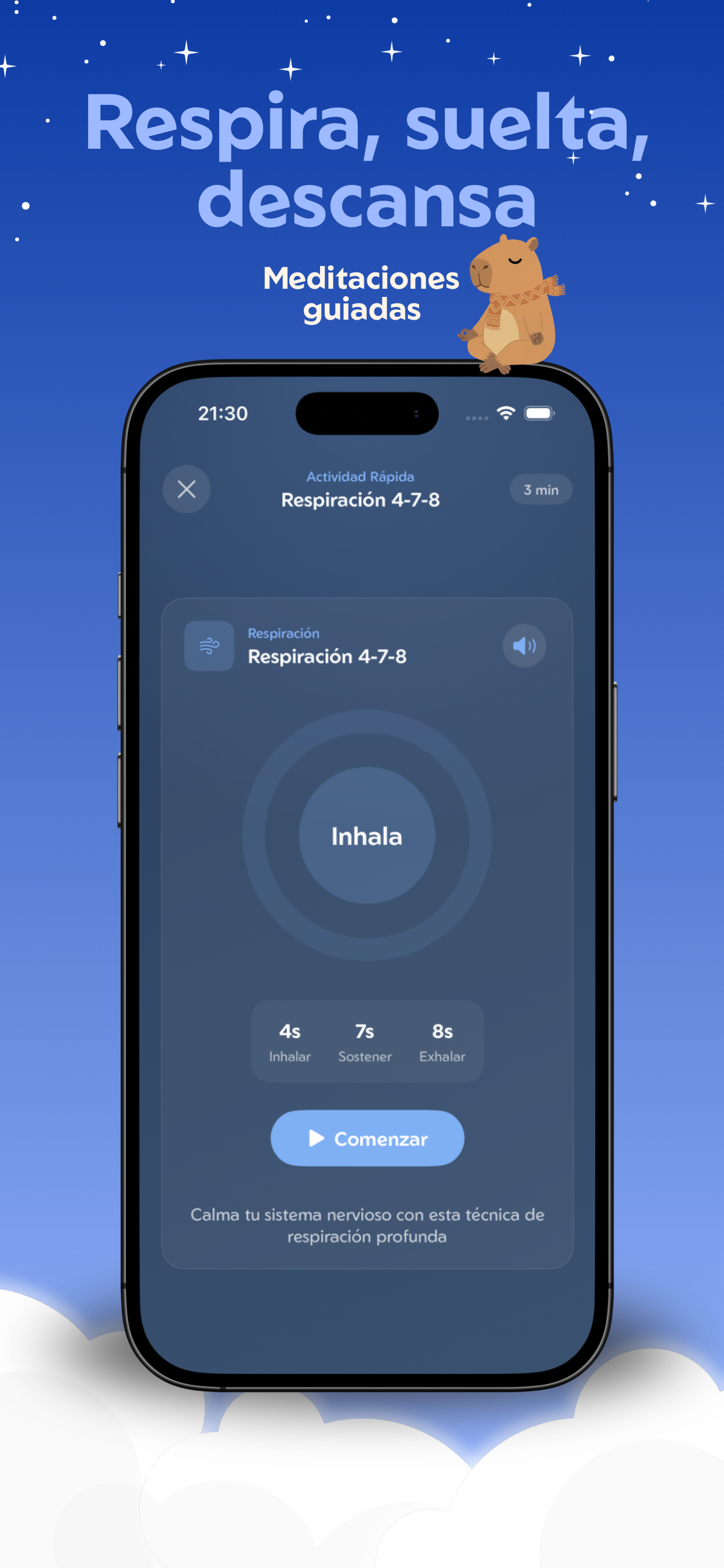 Ejercicio guiado de respiración 4-7-8 con temporizador visual